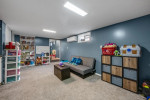 Cozy finished basement with carpet, bright walls, and storage for a fun family space in Brooklyn home.