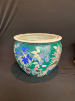 Emerald Green Chinese Fish Bowl Garden Planter in Floral Botanical Motif
