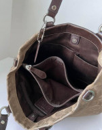 COACH Brown Tan Signature Logo Leather and Sateen Shoulder Bag Purse