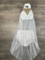 2 Adult Small Dance Costumes, White 2-pc., Sheer Black Dress Clothing