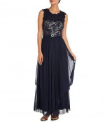 R&M Richards navy brocade sequined lace chiffon dress sz 14, wedding