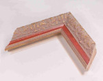 Antique gold picture frame on grey pink background with red stripe in classic style. 2.13" wide x 1.34" high.