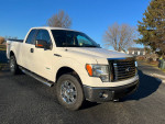 Front view of a white Ford F150 4x4 Ecoboost truck parked outdoors with clear blue skies.