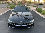 Front view of a black 2015 BMW 5 Series 528i with a shiny exterior and palm trees in the background.