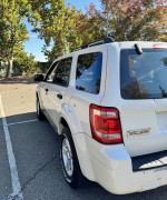 2012 Ford Escape Hybrid in white parked with trees in background, showing rear and side view.