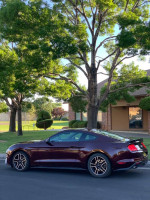 2018 Ford Mustang EcoBoost in maroon color parked outdoors, showcasing its sleek design and sporty wheels.