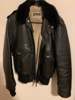 Schott Black Leather Flight Bomber Jacket Sherpa Lined Fur Collar Size