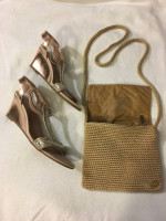 New York Transit Gold Formal Wedge Sandals Sz 12M & The Sak Gold Purse